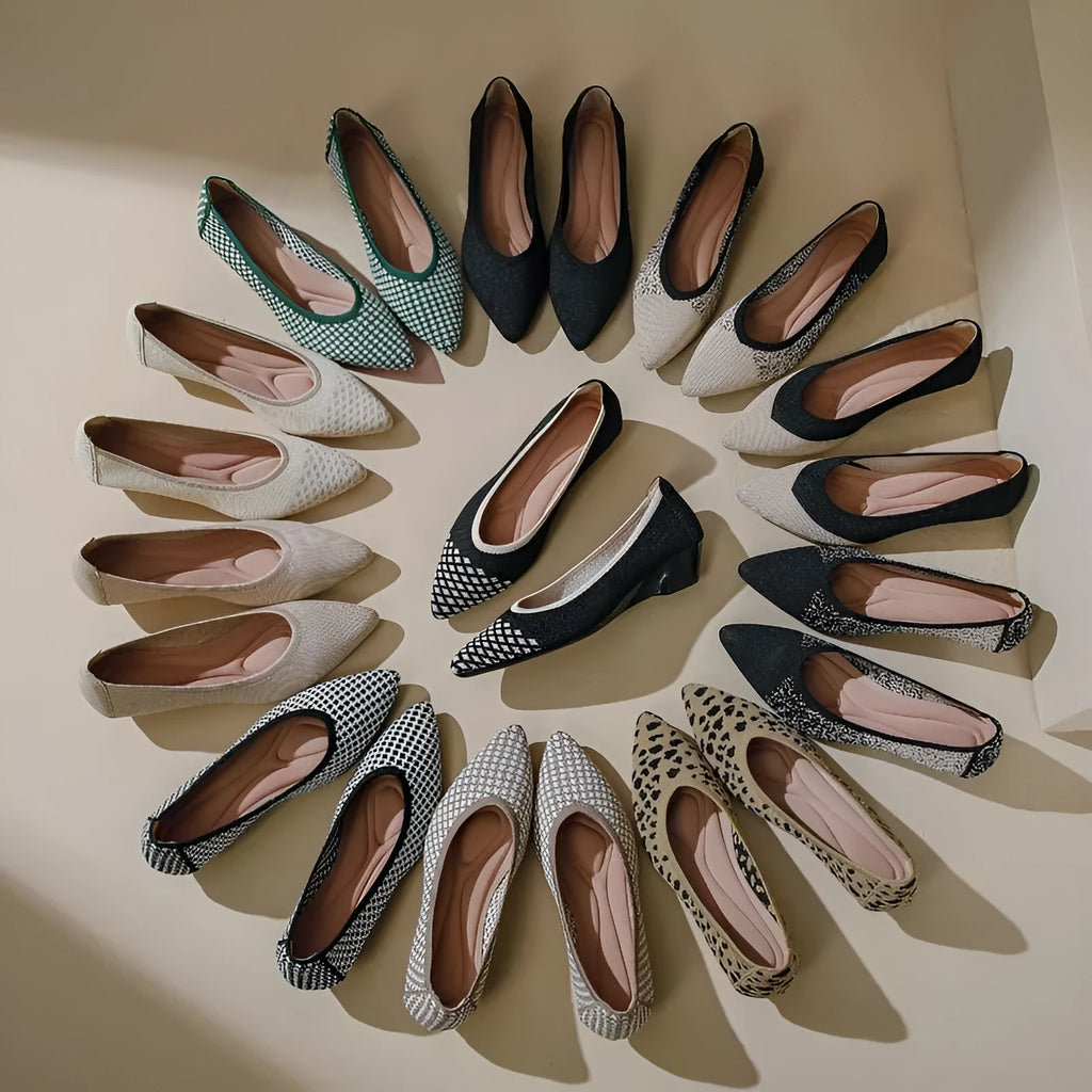 Women's woven pointed toe flat pumps with Flyknit mesh wedge design in leopard brown colour