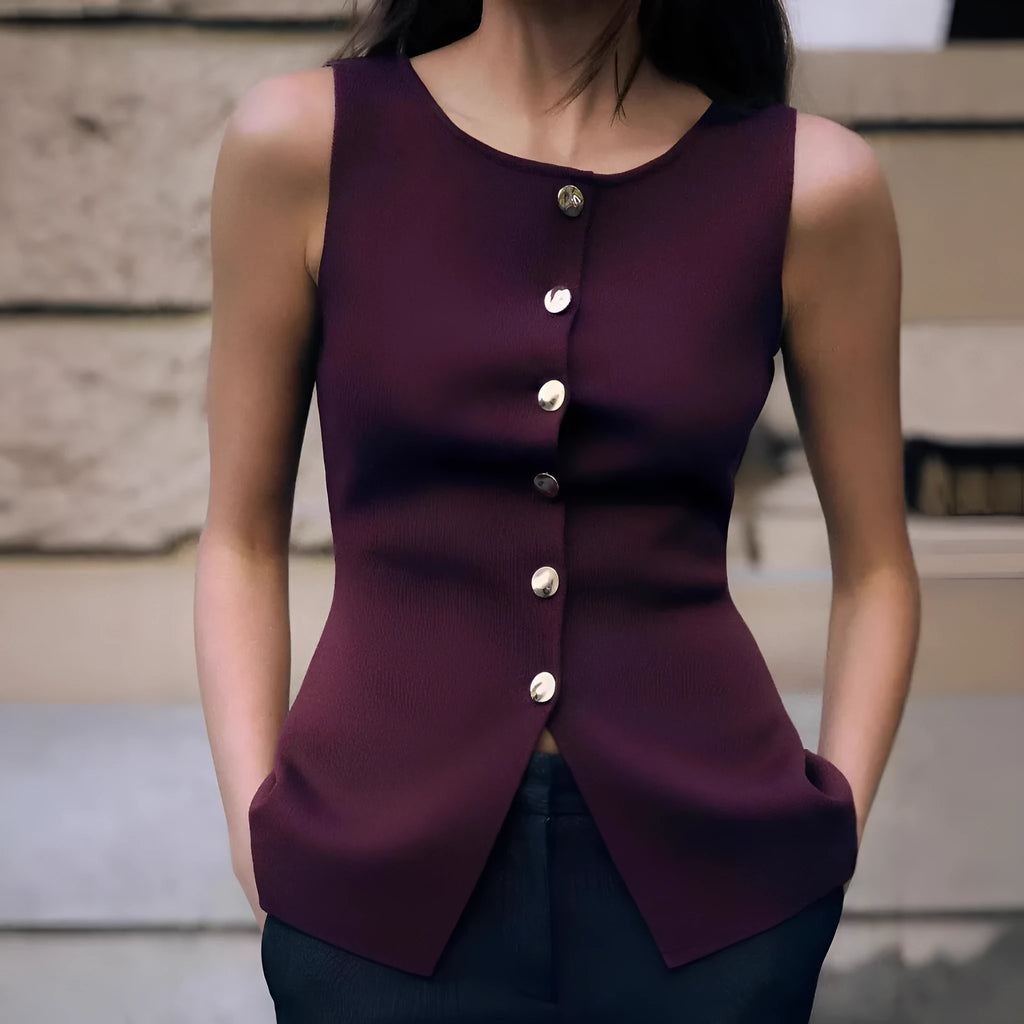 Dark red slim fit sweater vest with gold buttons and 3D patterns, sleeveless cardigan design