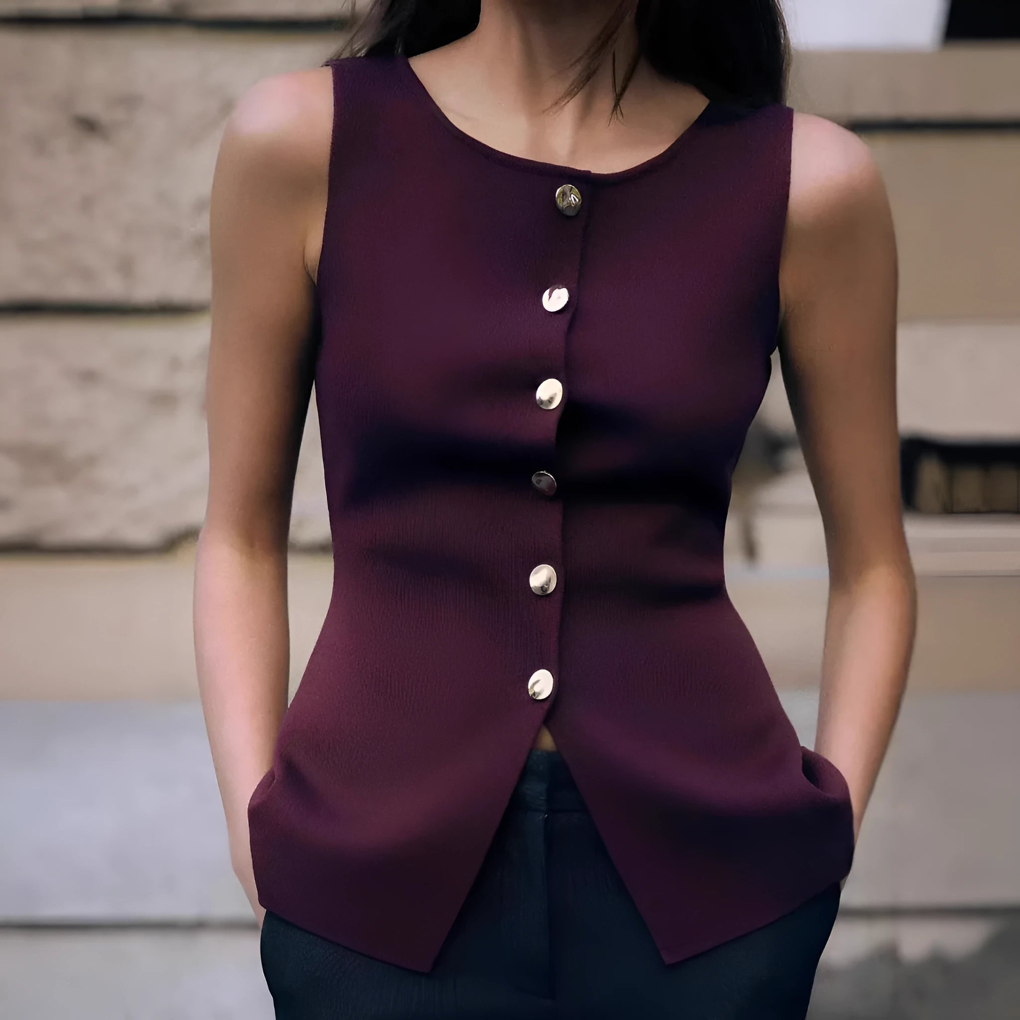 Dark red slim fit sweater vest with gold buttons and 3D patterns, sleeveless cardigan design