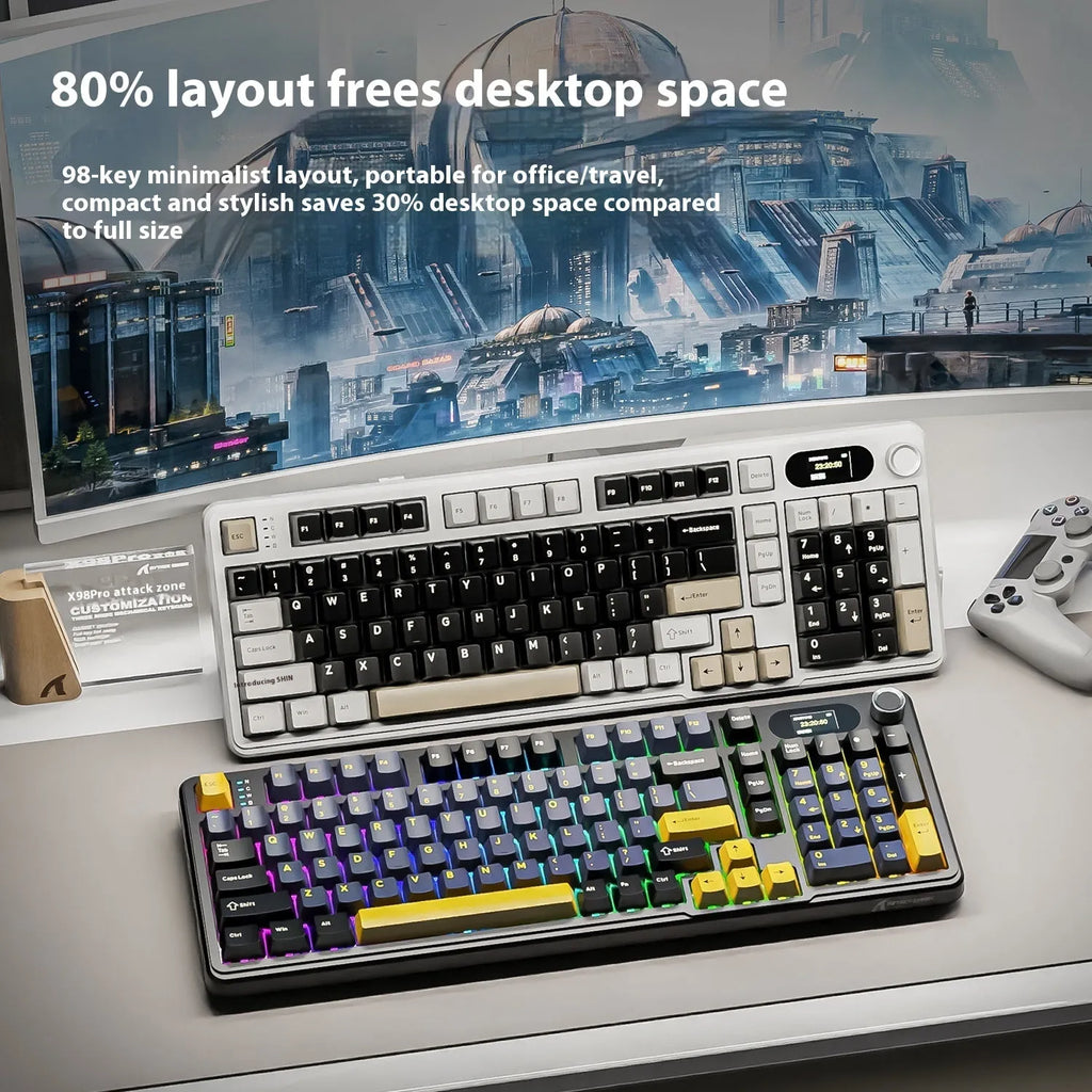 Attack Shark X98PRO three-mode RGB wireless Bluetooth mechanical keyboard with side engraving and knob, ABS black body