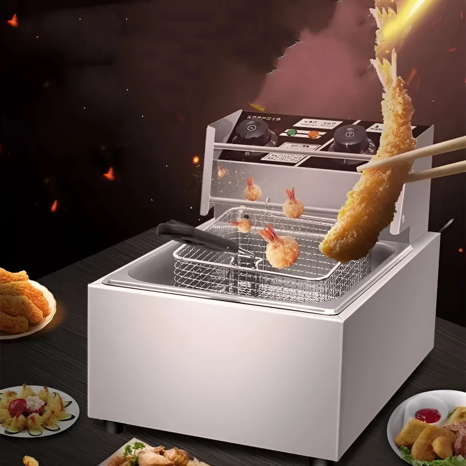 Stainless steel commercial electric deep fryer with lid and two frying baskets