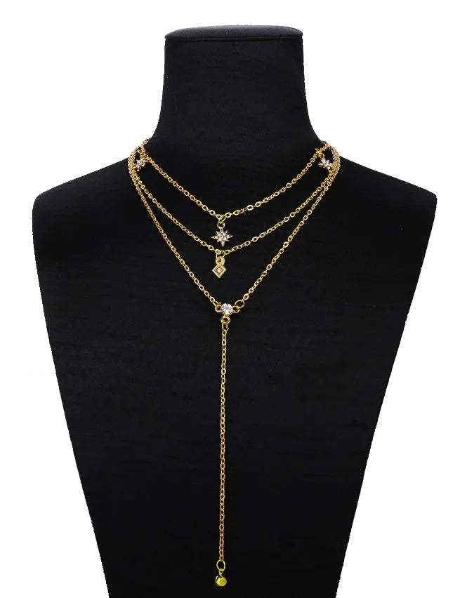 Moon star multilayer necklace set in alloy with plated finish, women's sweater chain, 1x star necklace