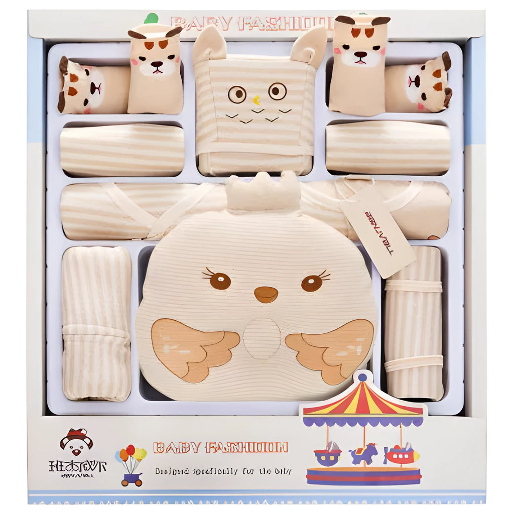 Cotton baby clothes gift set with beige cardigan suit featuring cartoon animal prints for newborns