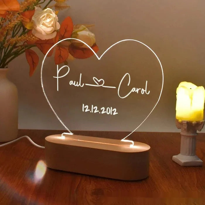 Custom acrylic night light with personalised names and date, showing dimensions of 20cm by 11.5cm.