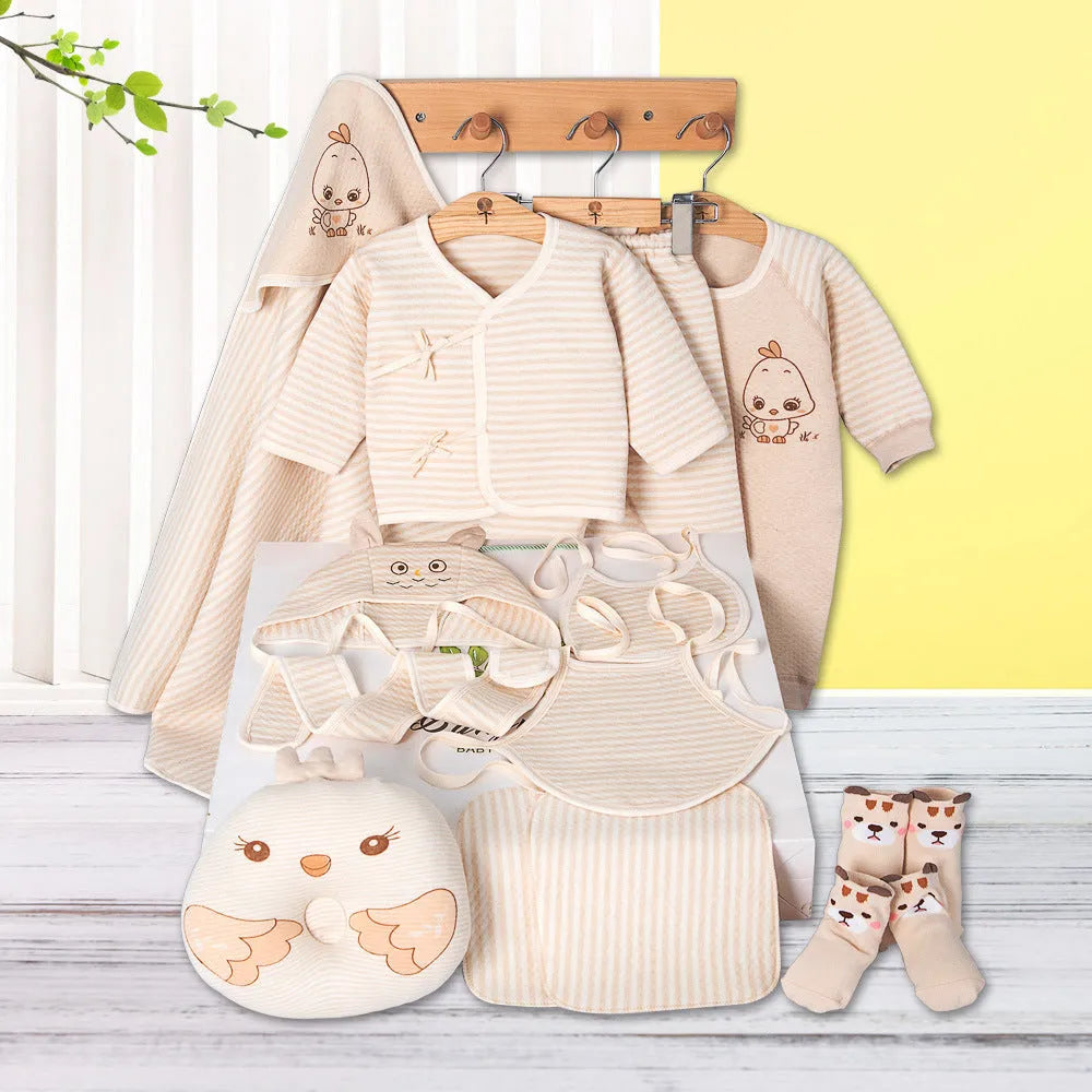 Cotton baby clothes gift set with beige cardigan suit featuring cartoon animal prints for newborns