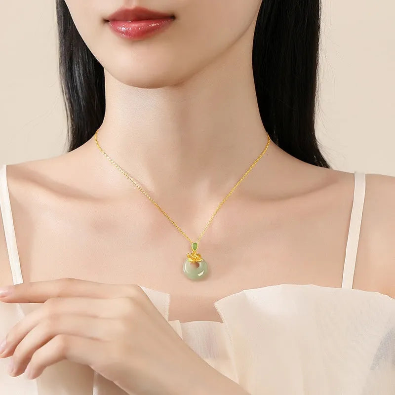 Hetian jade peace buckle necklace with yellow gold electroplated 925 sterling silver O-shaped chain, 41-50cm