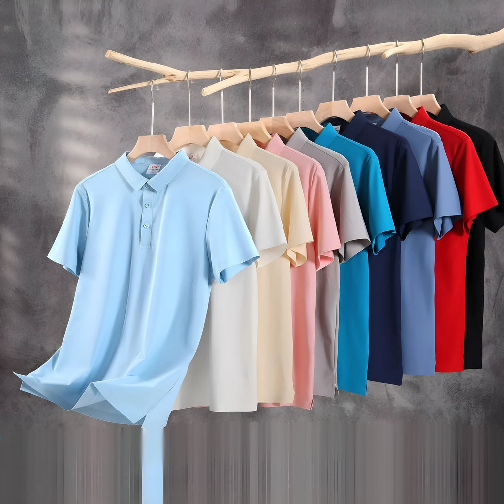 Men's ice silk seamless short sleeve polo shirt in solid colour, loose fit, nylon fabric, side view