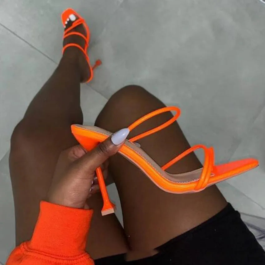 Women's square toe stiletto heel sandals in green with microfiber upper and rubber sole