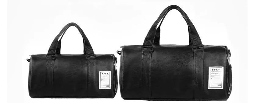 Black waterproof sports fitness bag with separate side compartments for shoes, shown in large and small sizes.