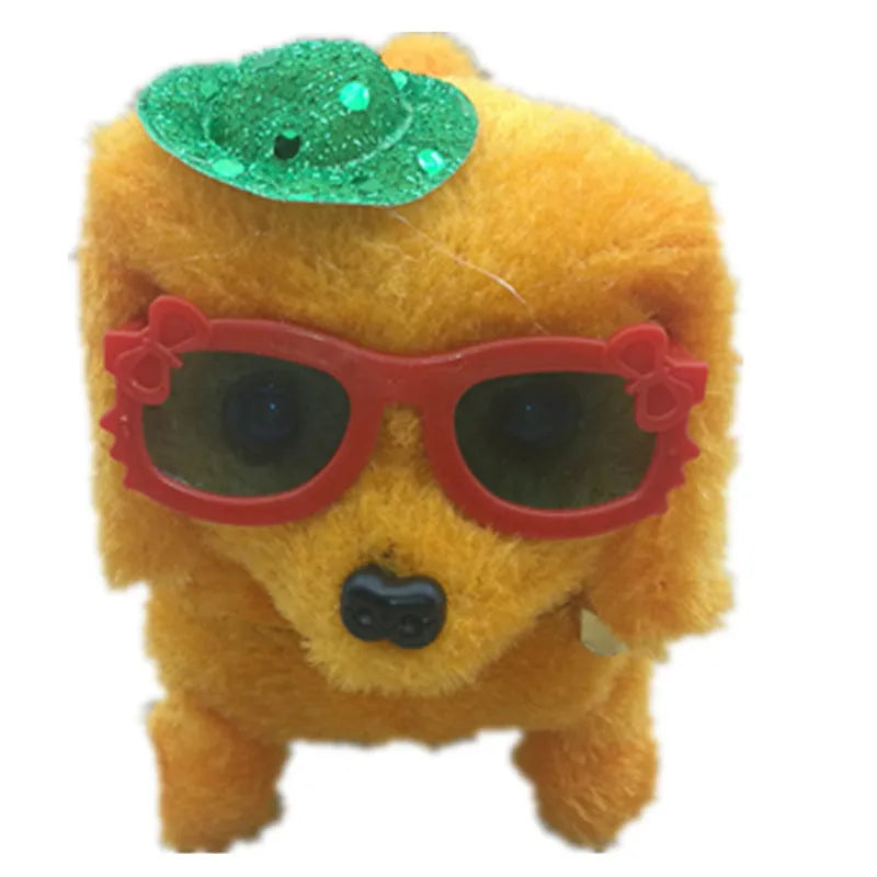 Electric musical plush dog toy in purple, walking with moving legs on a white background, 13 cm size