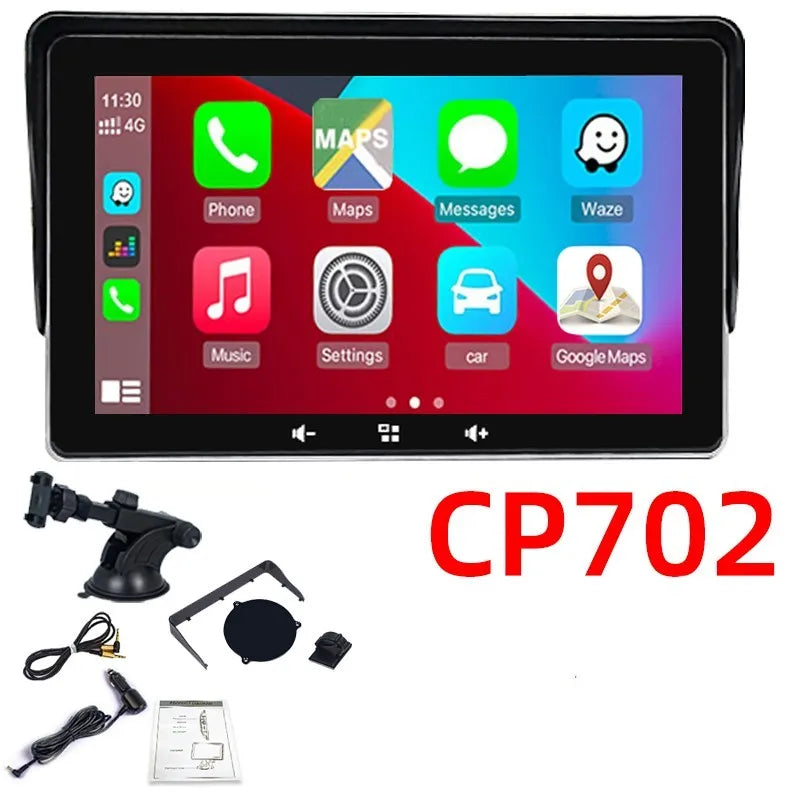 7-inch car wireless CarPlay display with suction cup mount and cigarette lighter power cable