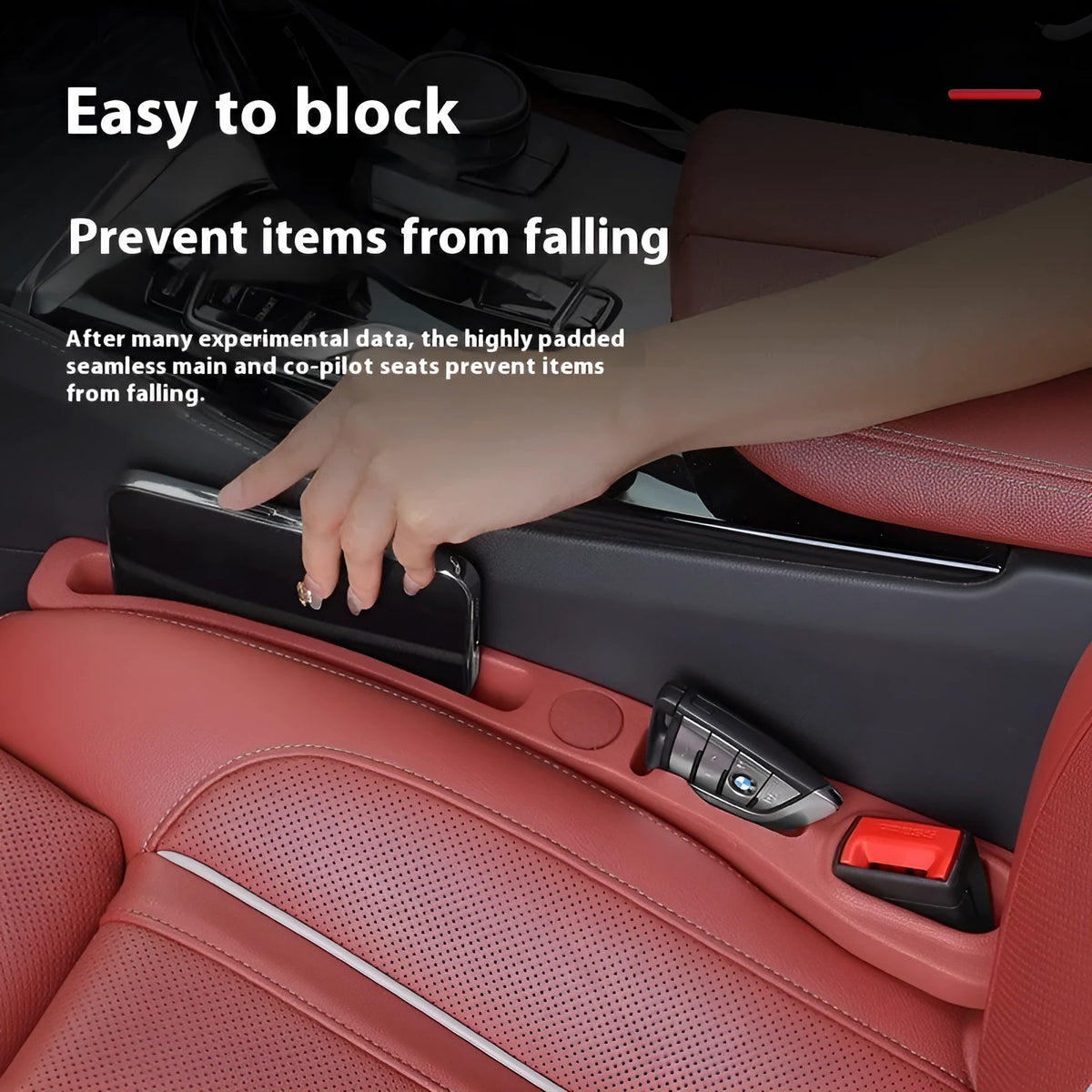 Car seat gap filler storage box with leak-proof plug strips in black, made from EVA, with roller and handle