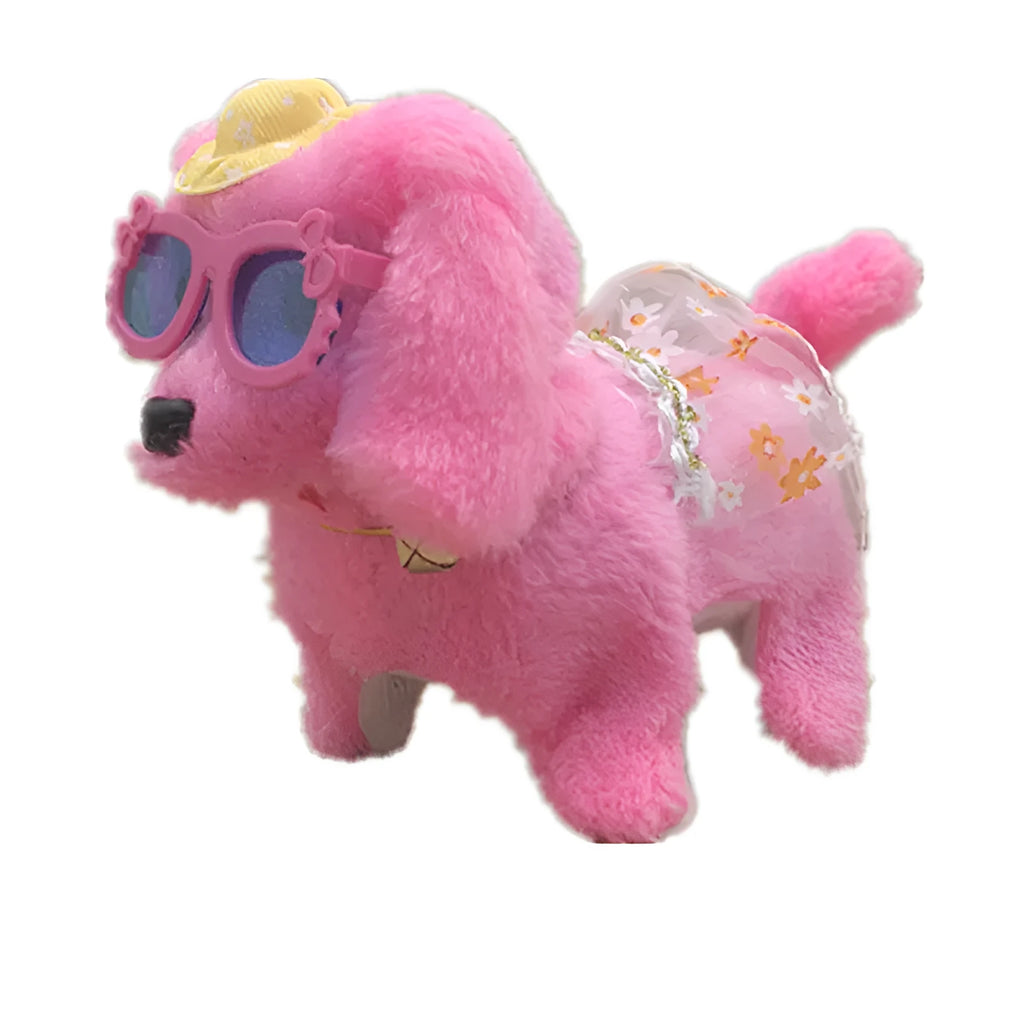 Electric musical plush dog toy in purple, walking with moving legs on a white background, 13 cm size
