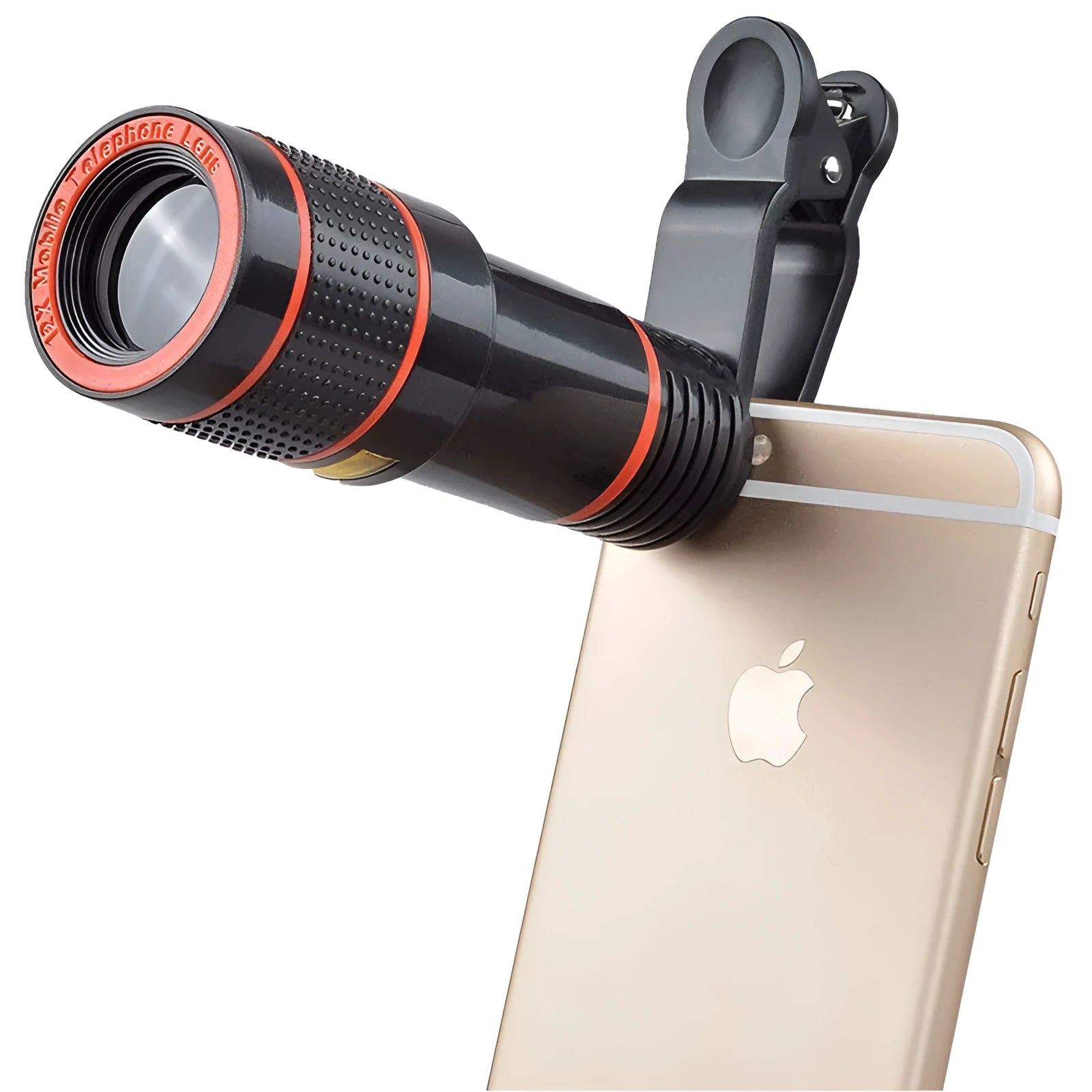 12X magnification phone telescope lens with attachment clip on a mobile phone.