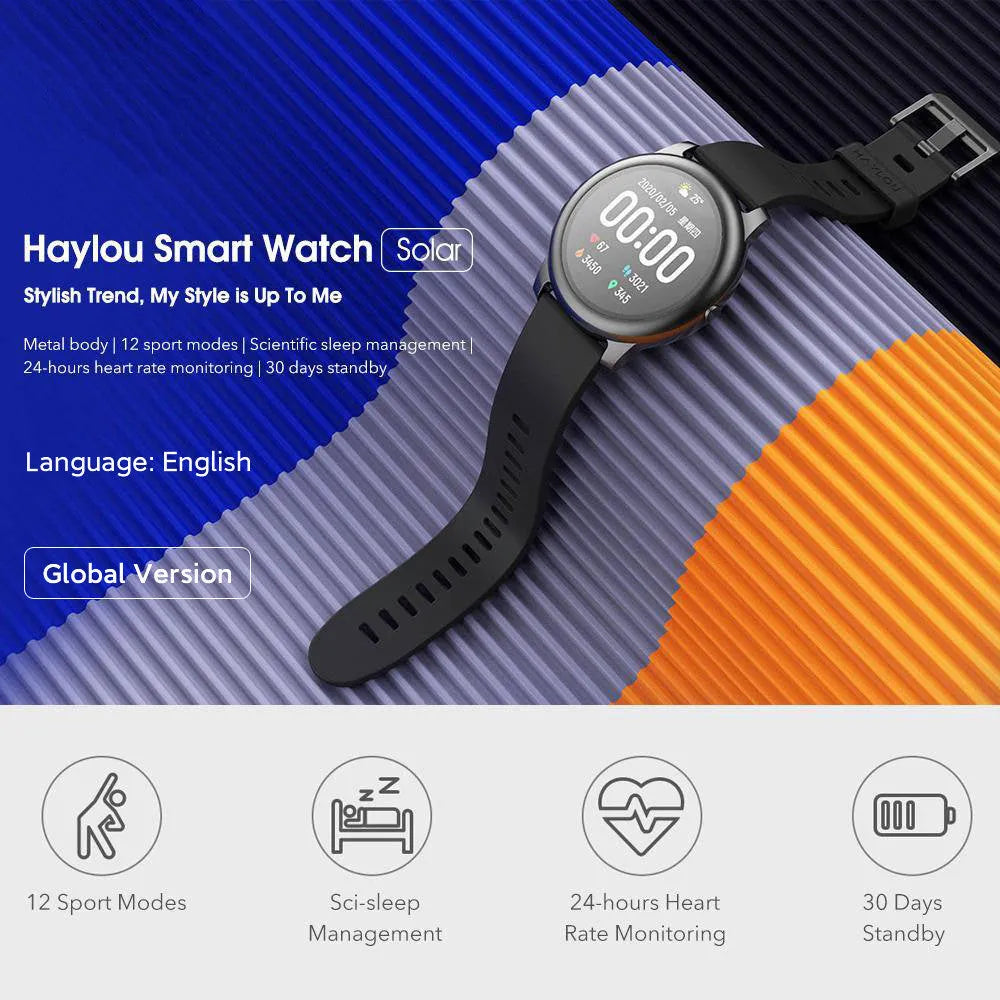 Haylou LS05 Black smart watch with 1.28 inch TFT screen, round 45.3mm alloy case, silicone band, heart rate and sleep monitor