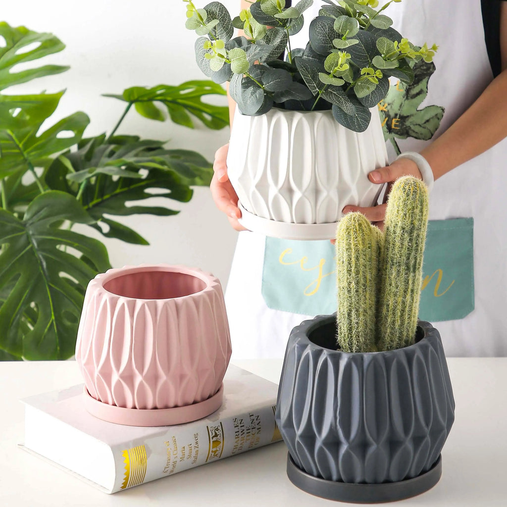 Grey ceramic tabletop plant flowerpot medium size for indoor plants