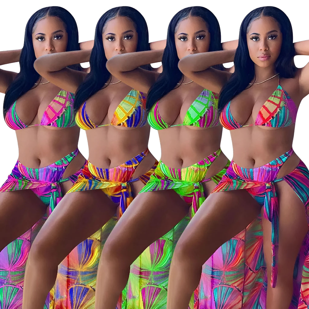 Three-piece split swimsuit floral print bikini set in green orange red, nylon quick-drying swimwear sizes S to XL