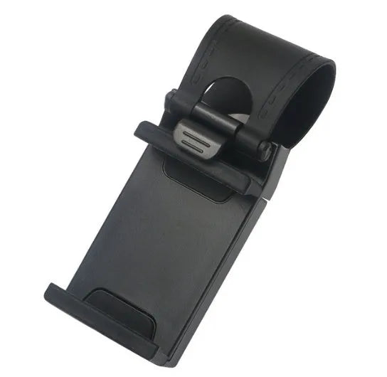 Black universal car steering wheel clip mount holder for mobile phones and GPS units.