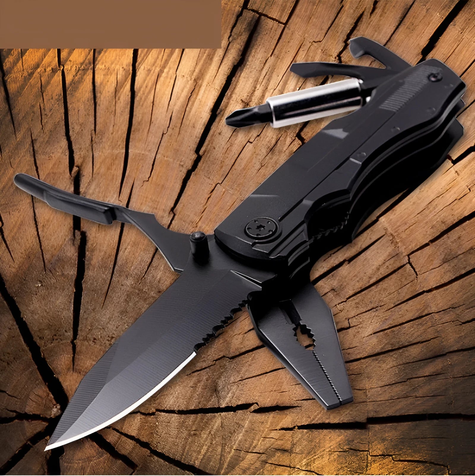 Black multi-purpose folding pliers tool with 7.5cm blade and aluminium handle on a flat surface