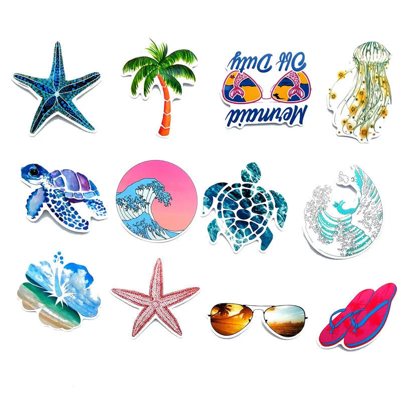 Beach Series PVC graffiti sticker with starfish, surfing, and volleyball cartoon doodle design, about 5-8cm