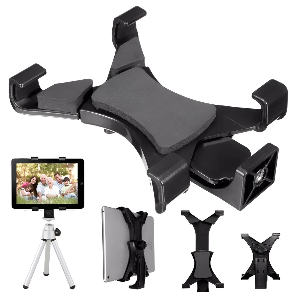 Black ABS tablet stand with 1/4 inch screw mount, adjustable width 12.5-20cm, on a tripod