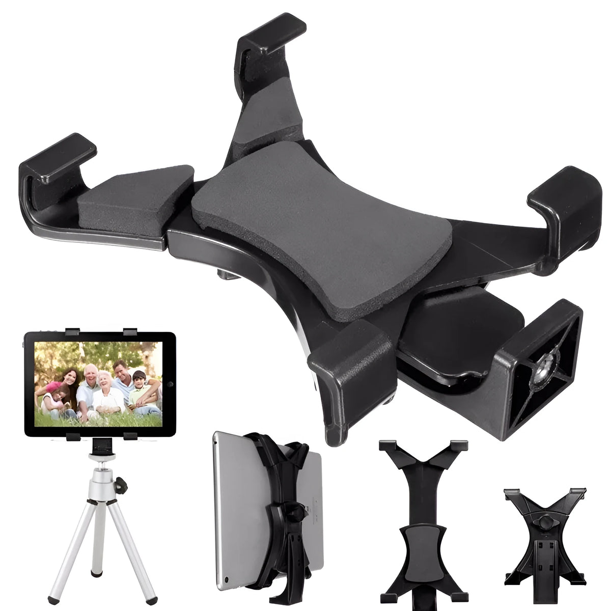 Black ABS tablet stand with 1/4 inch screw mount, adjustable width 12.5-20cm, on a tripod