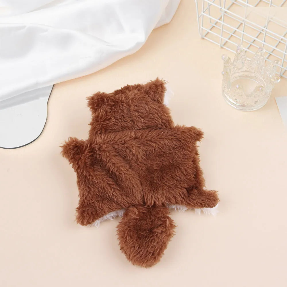 Plush flying squirrel cat teaser toy with ringing paper sound in brown and grey colours