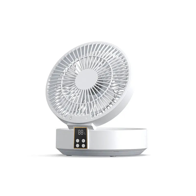 White portable folding fan with remote control and warm night light on desktop