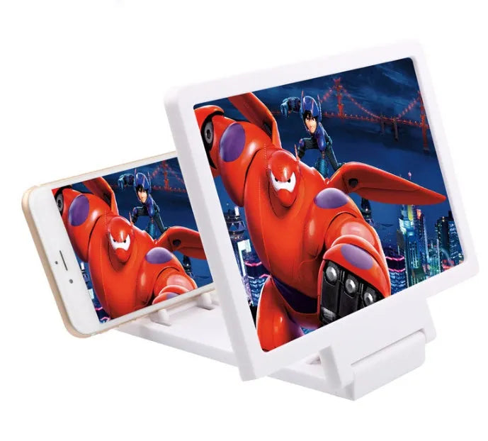Black and white mobile phone stands showing 3D screen amplification and radiation protection features