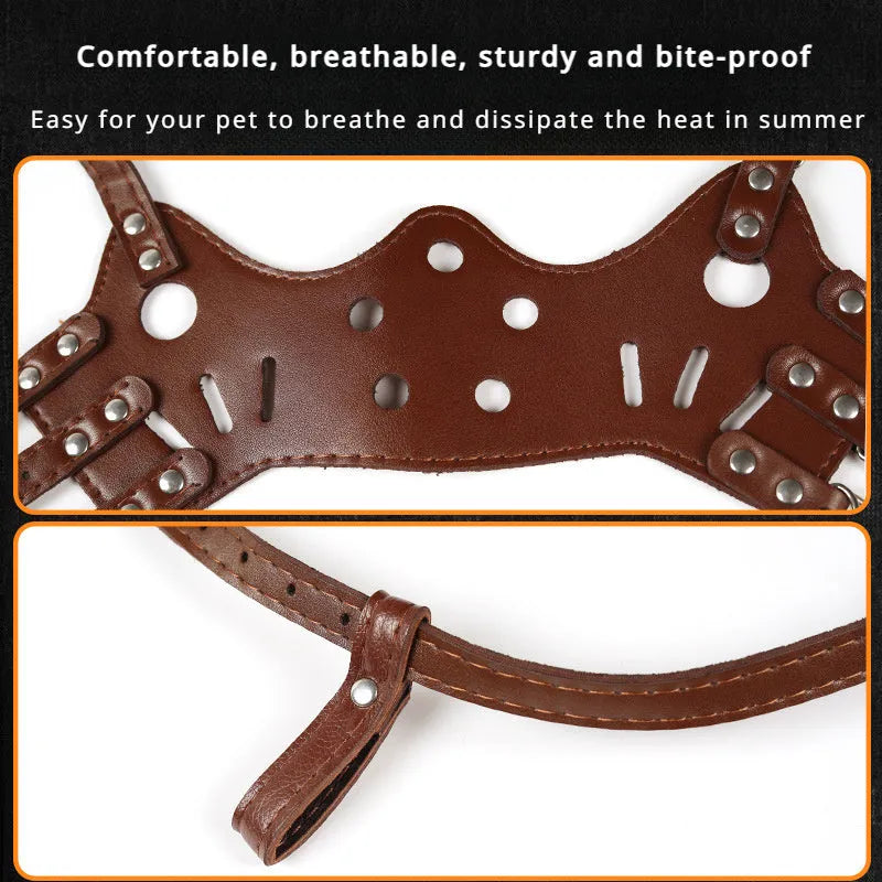 Adjustable dog muzzle silencer in black or brown showing anti-barking and bite prevention design for small to large dogs
