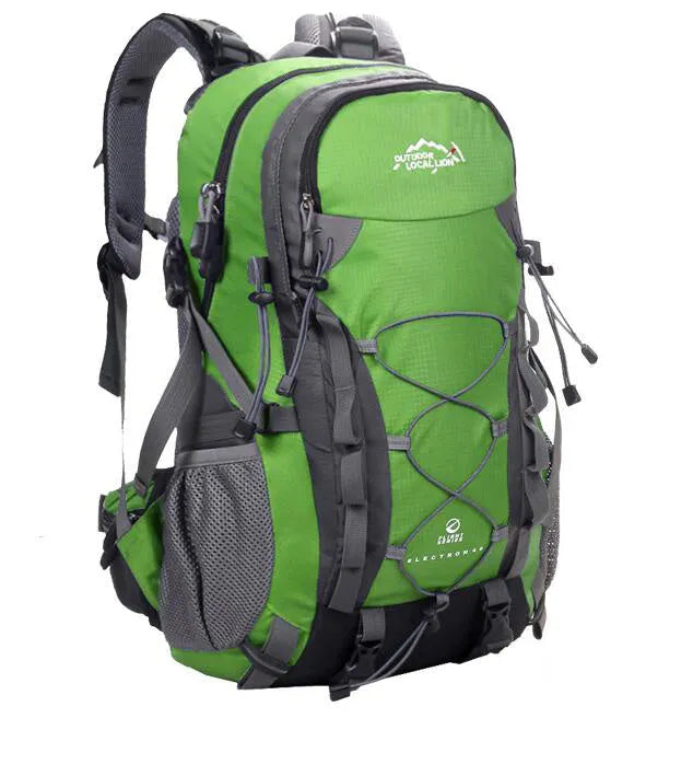 Green outdoor sports backpack with 20-35L capacity for hiking and camping activities
