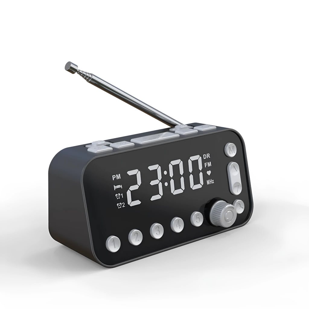 Black DAB bedside alarm clock with LED display, control buttons, pig tail antenna and USB ports