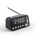 Black DAB bedside alarm clock with LED display, control buttons, pig tail antenna and USB ports