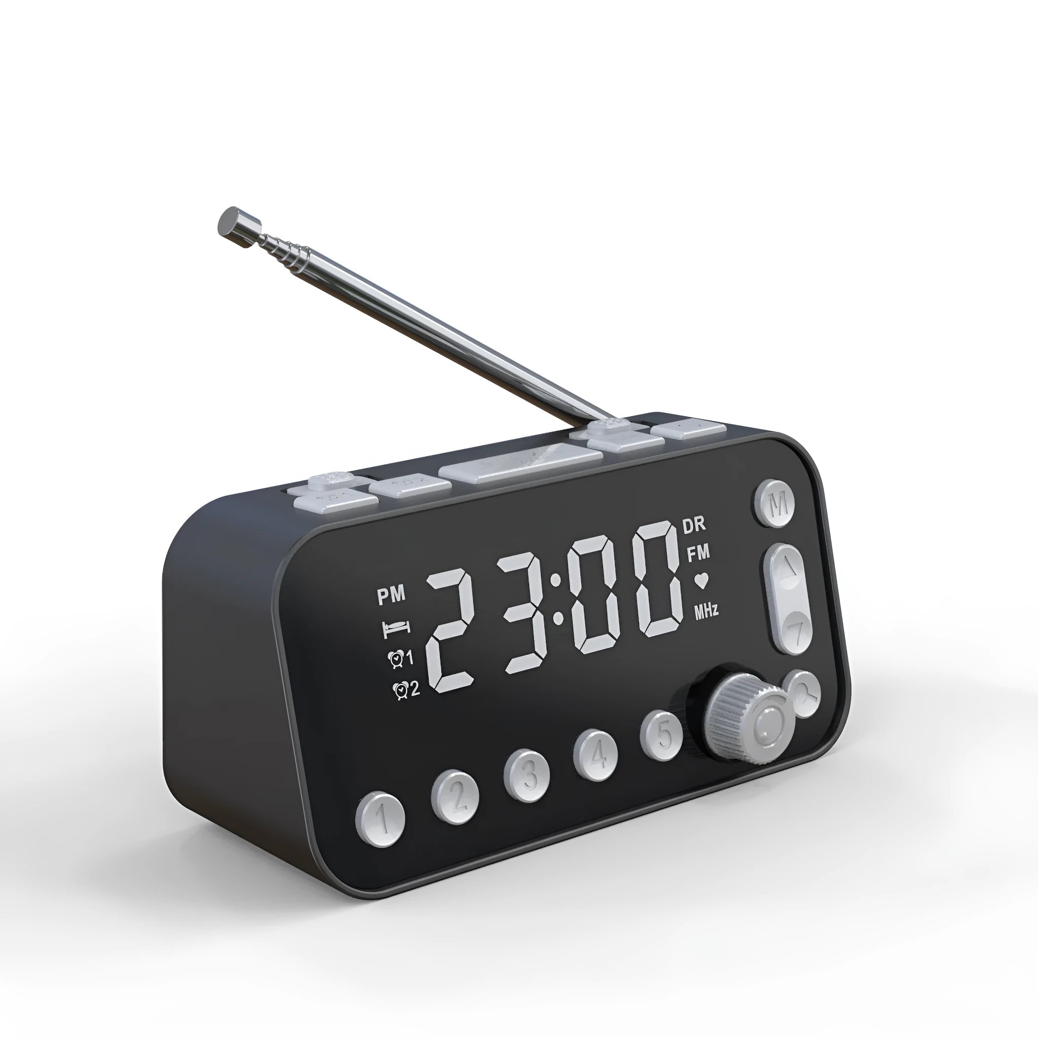 Black DAB bedside alarm clock with LED display, control buttons, pig tail antenna and USB ports