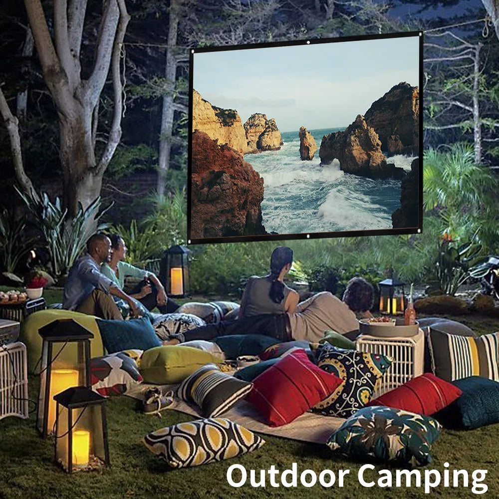 White foldable 16:9 projector screen in 60-150 inch sizes with hooks and 360 x 260mm packing size