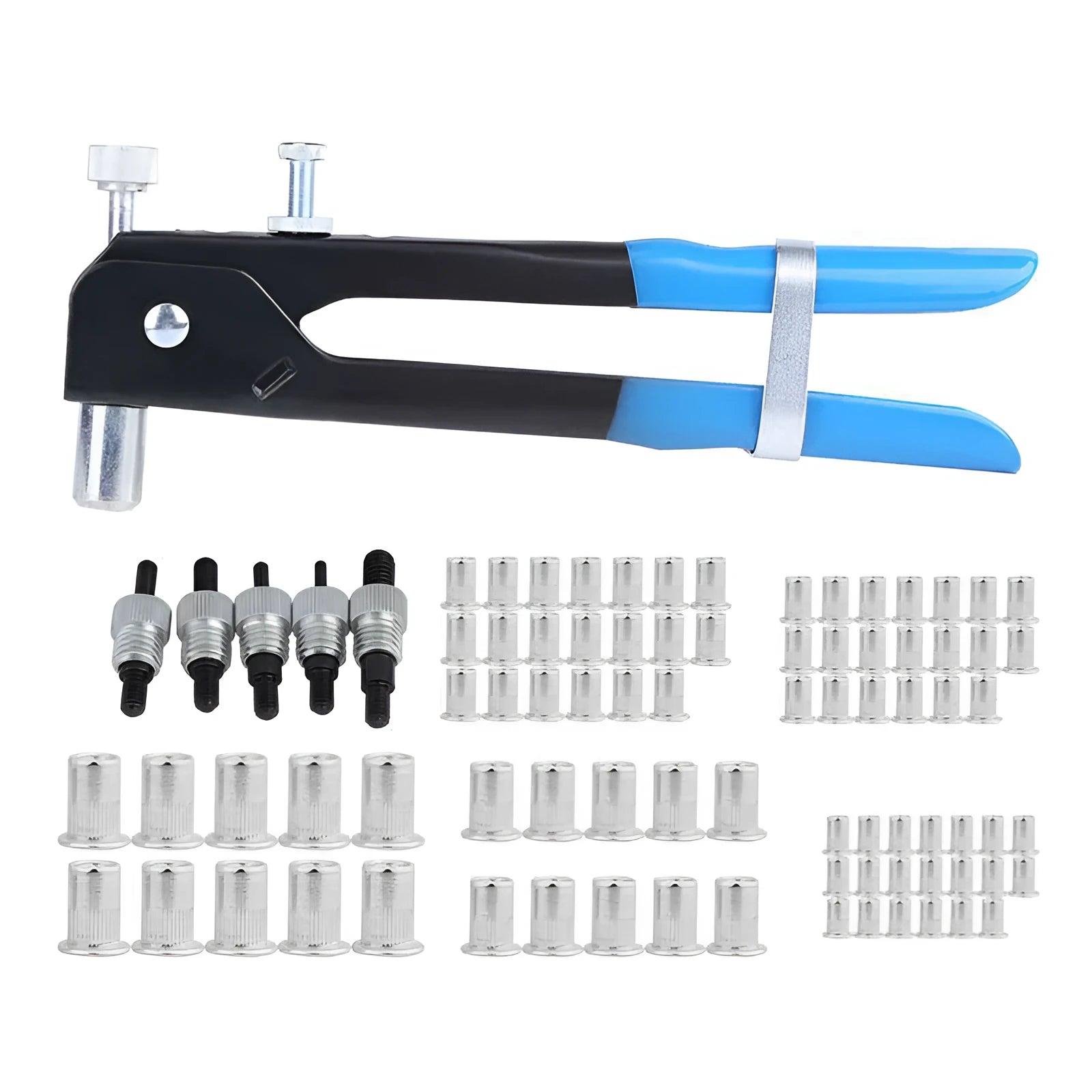 Alloy steel manual rivet nut gun tool with a selection of rivet nuts from the 106pc or 86pc kit.
