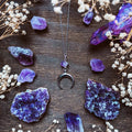 Silver moon pendant necklace with natural purple crystal on alloy chain, electroplated finish, simple style AQ-2151