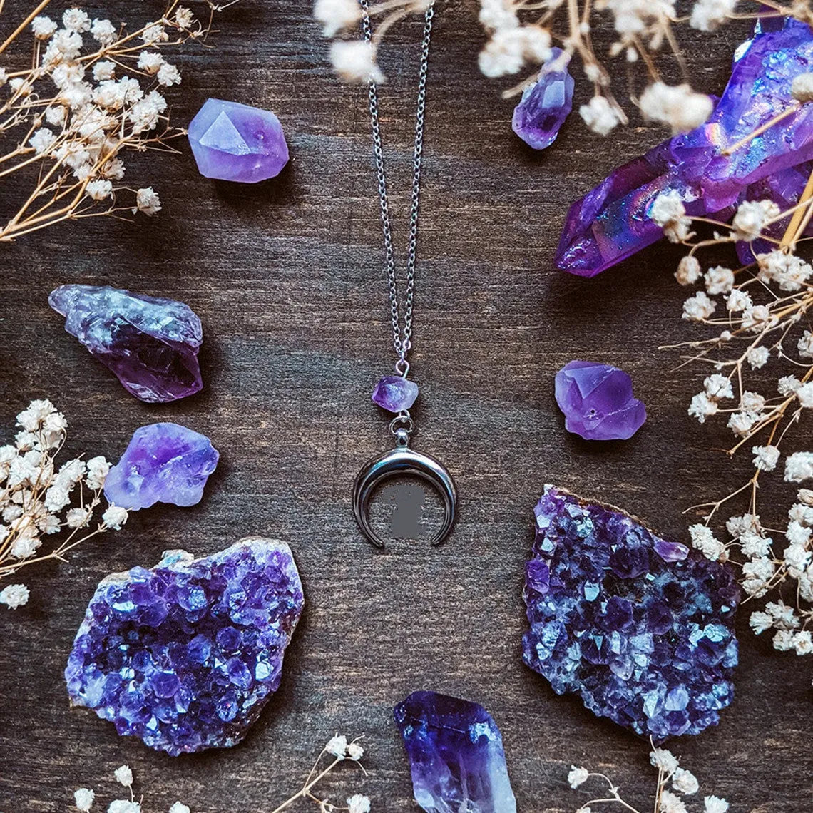 Silver moon pendant necklace with natural purple crystal on alloy chain, electroplated finish, simple style AQ-2151