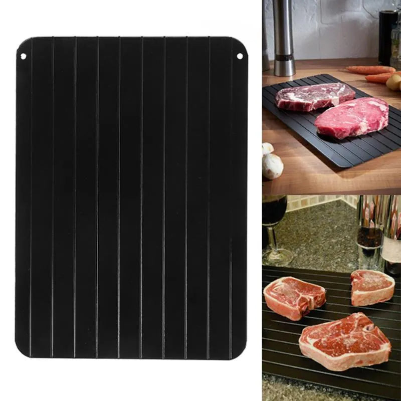 Black aluminium quick defrosting tray for thawing frozen meat without electricity
