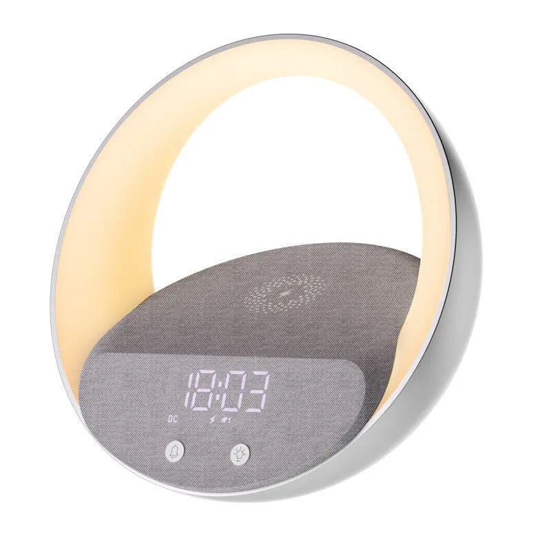 Beige and grey multifunctional wireless charging clock with Bluetooth speaker and LED light display.