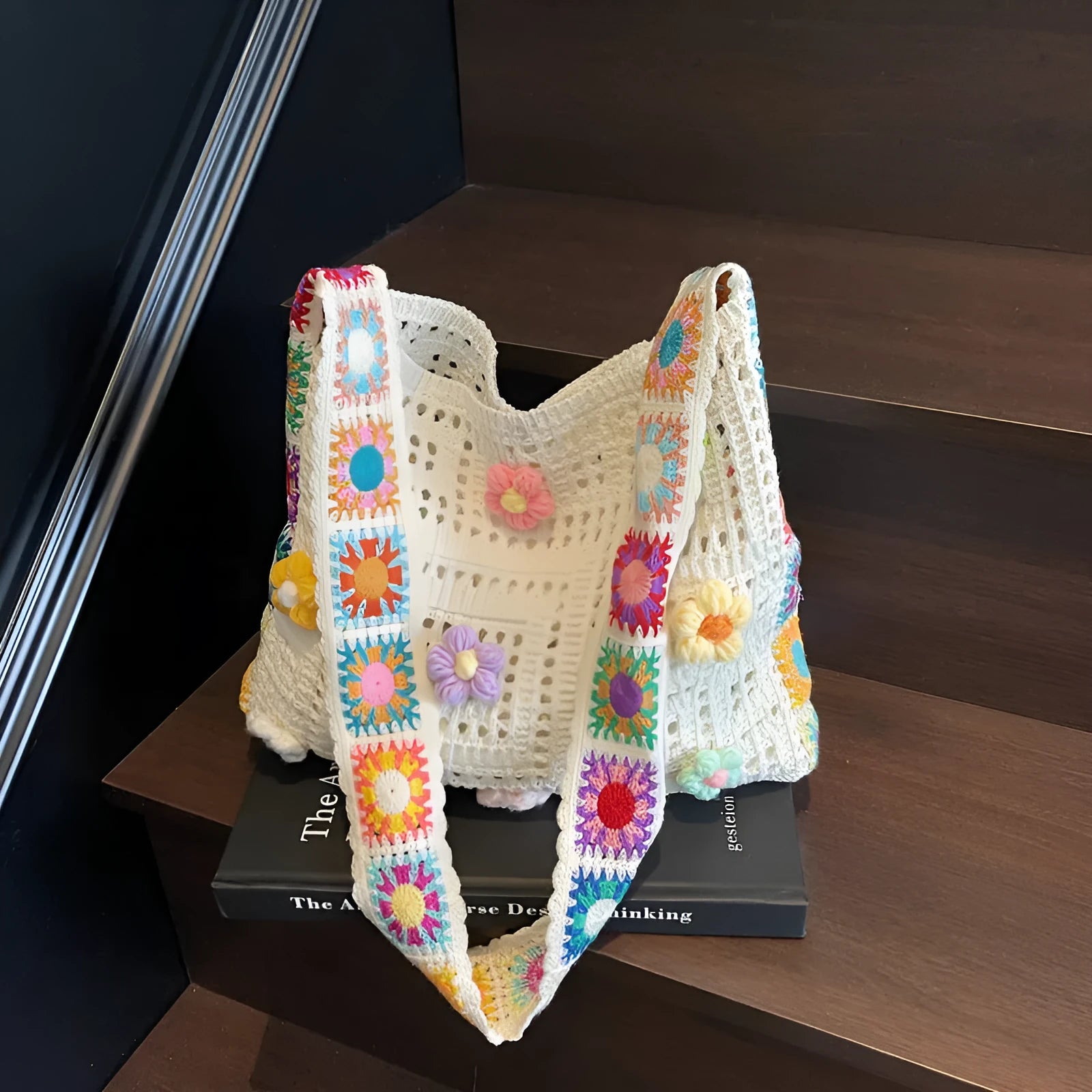 Woven polyester beach shoulder bag in milky white colour showing hollow knit pattern and single strap