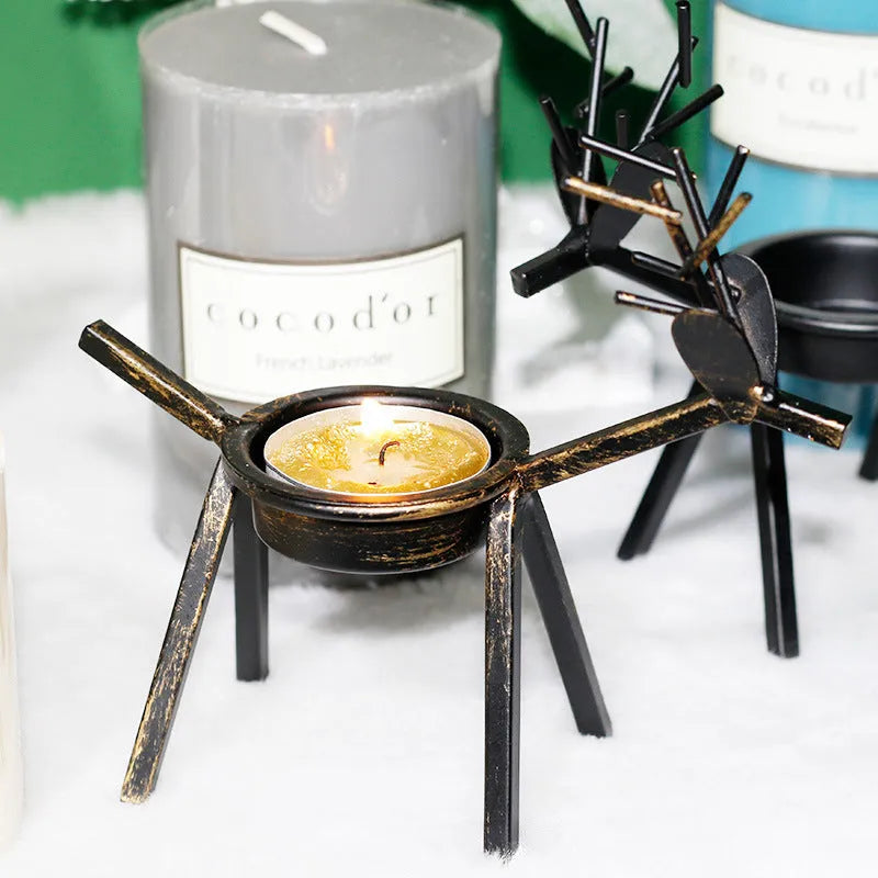 Black iron Christmas deer candlestick holder with elk bracket and Santa snowman designs