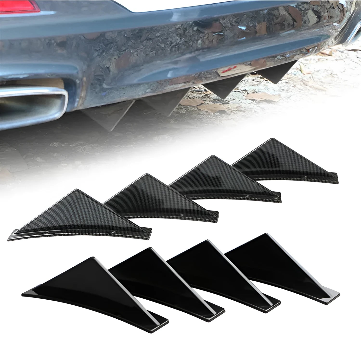 Universal triangle car rear spoiler in bright black and carbon fibre finishes