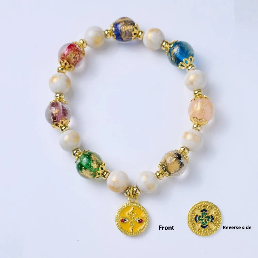Handmade glass bracelet with five gods of wealth theme and 10mm geometric beads in national style design