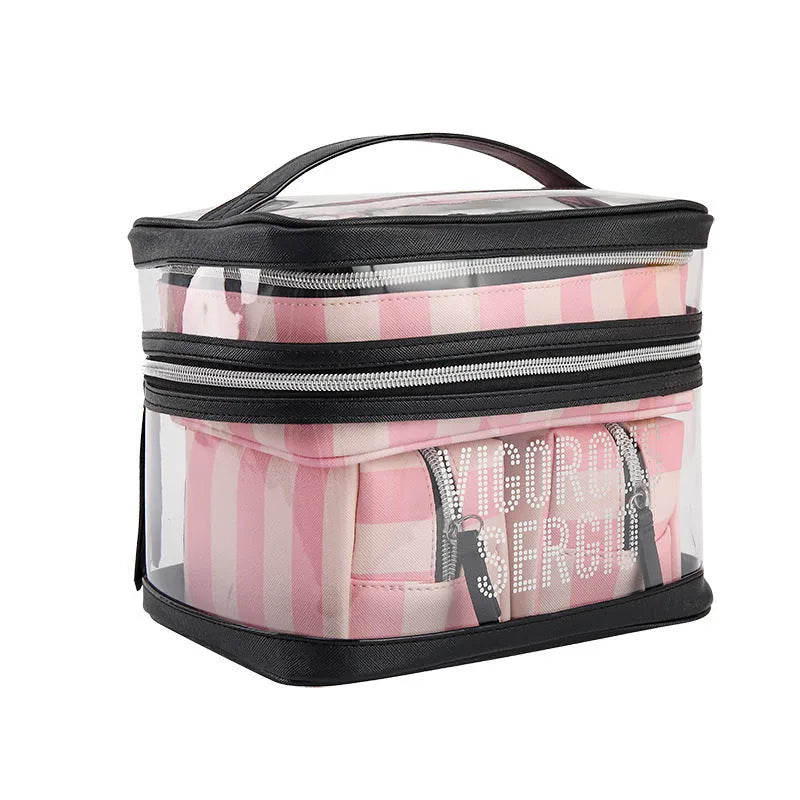 Pink bold stripes floral pattern buggy bag makeup kit with synthetic leather waterproof exterior