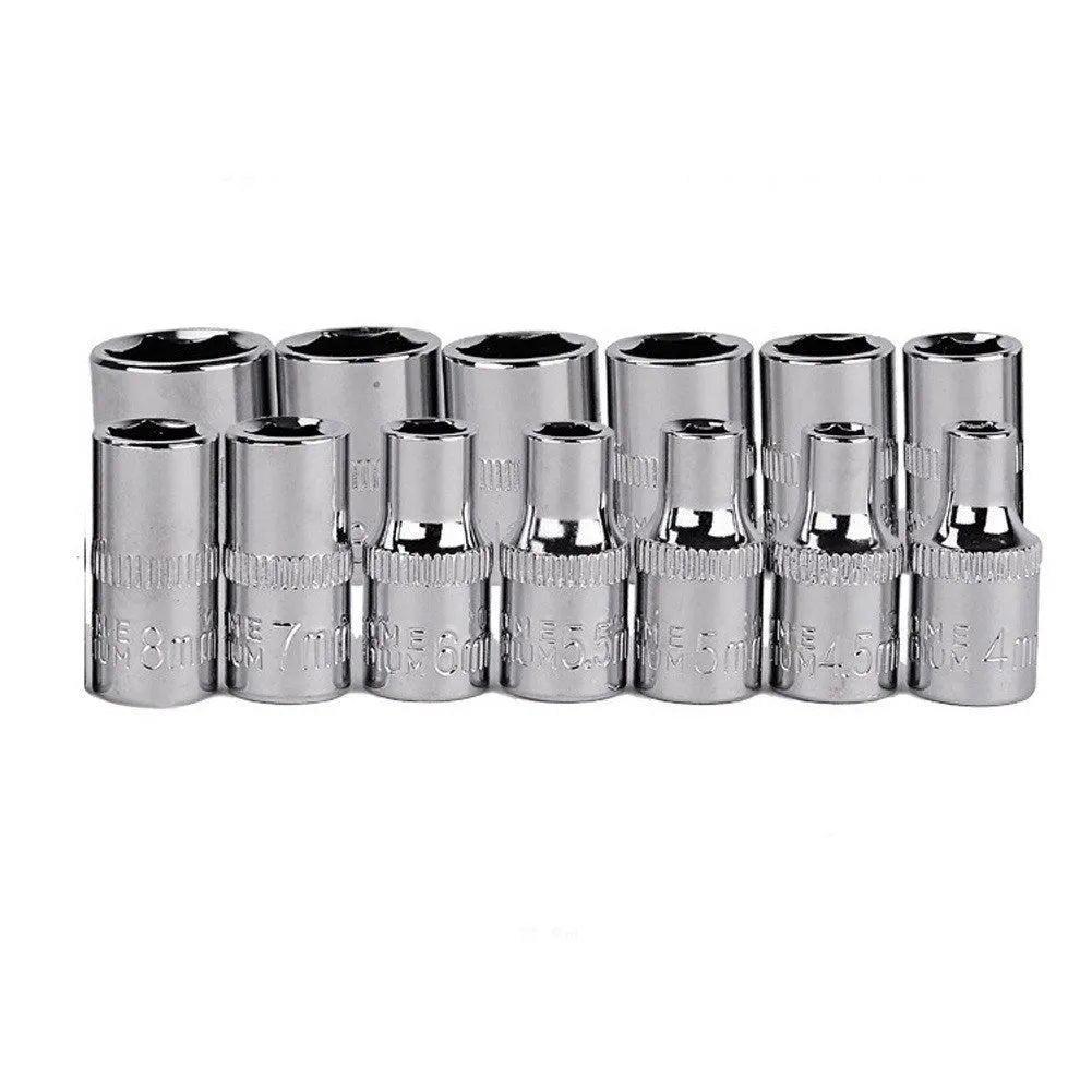 46 piece chrome vanadium steel socket set with ratchet handle, bits, and extensions in a red storage box