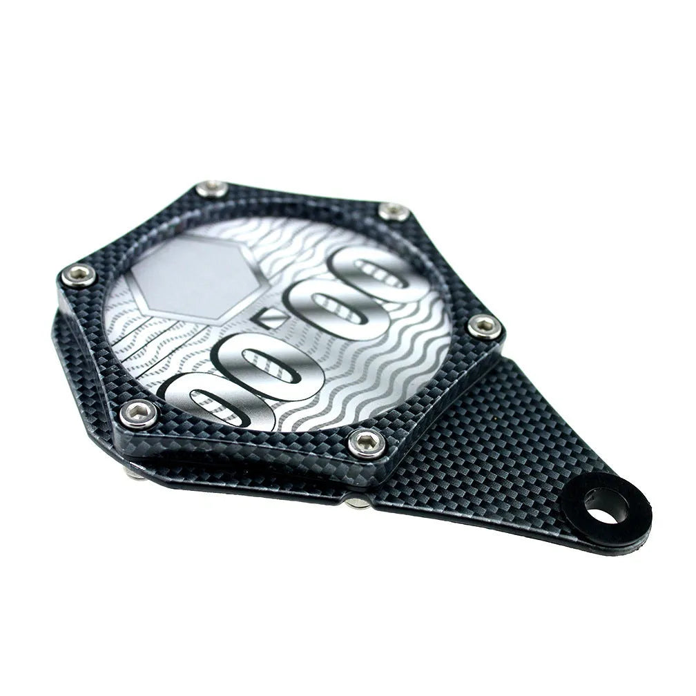 Black carbon fibre pattern metal motorcycle tax seal with anti-theft screw