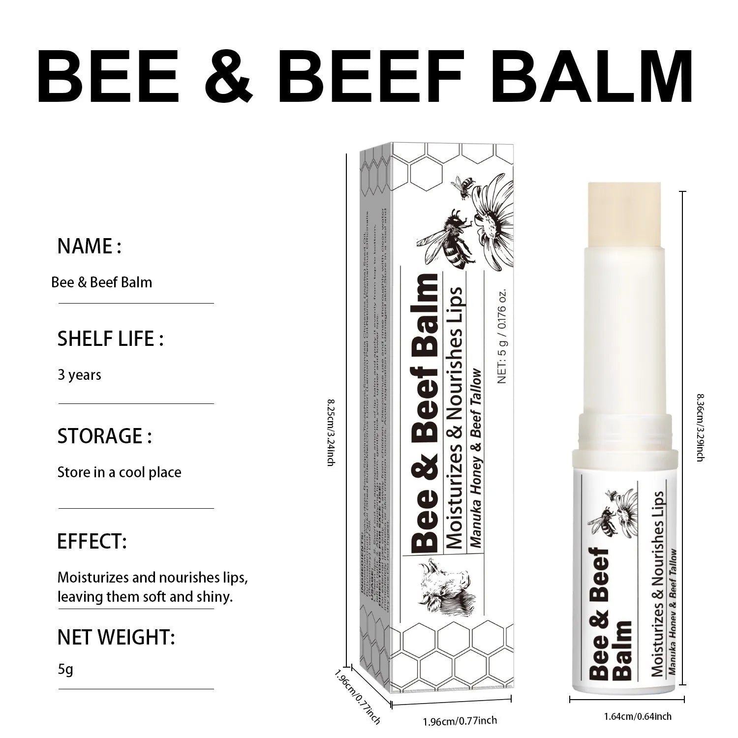 Beef fat and organic grass-fed butter lip balm stick measuring 83mm