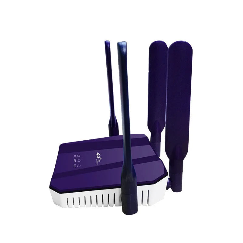 Blue 4G dual-mode wireless router with four external antennas on a white background.