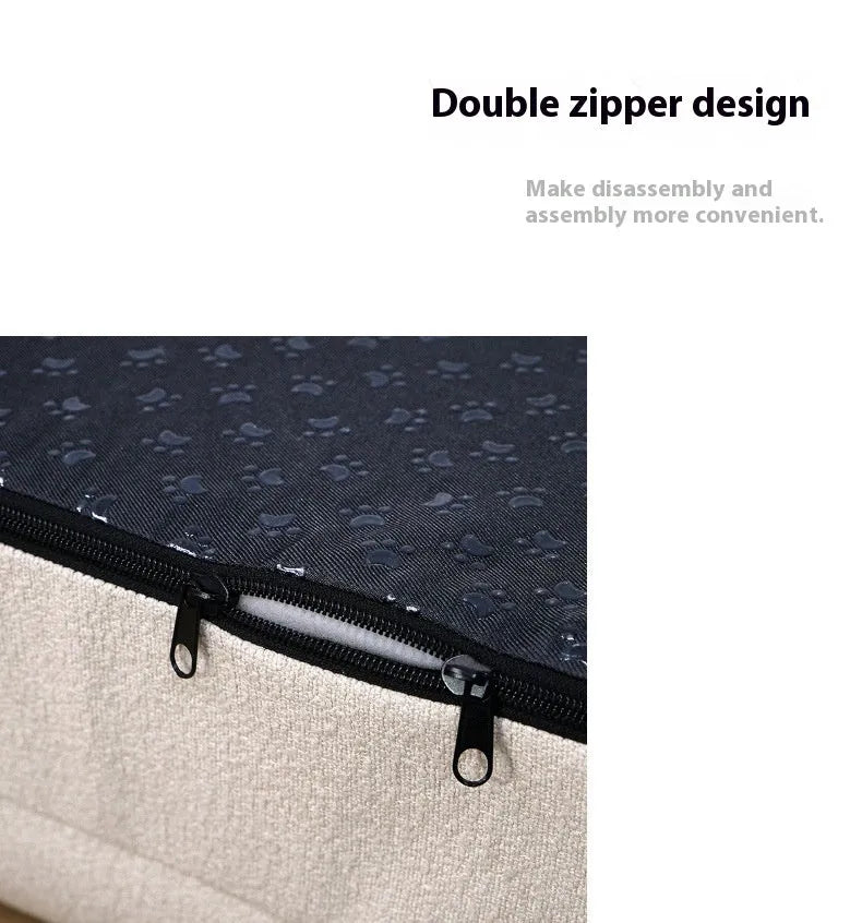 Beige rectangular cloth dog bed with low-profile sofa-style design